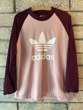 Adidas Womens Maroon & Pink Long-Sleeve Raglan Logo Shirt Size M